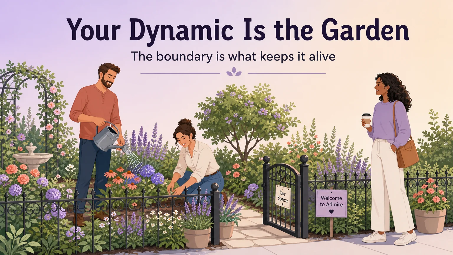 Garden metaphor illustration showing a couple tending their dynamic inside a fenced garden while a visitor respects the boundary