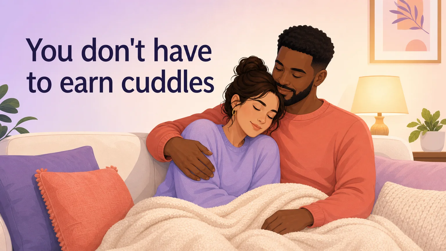 A couple sharing a quiet, safe moment on a sofa — one resting against the other, embodying the trust and comfort of littlespace