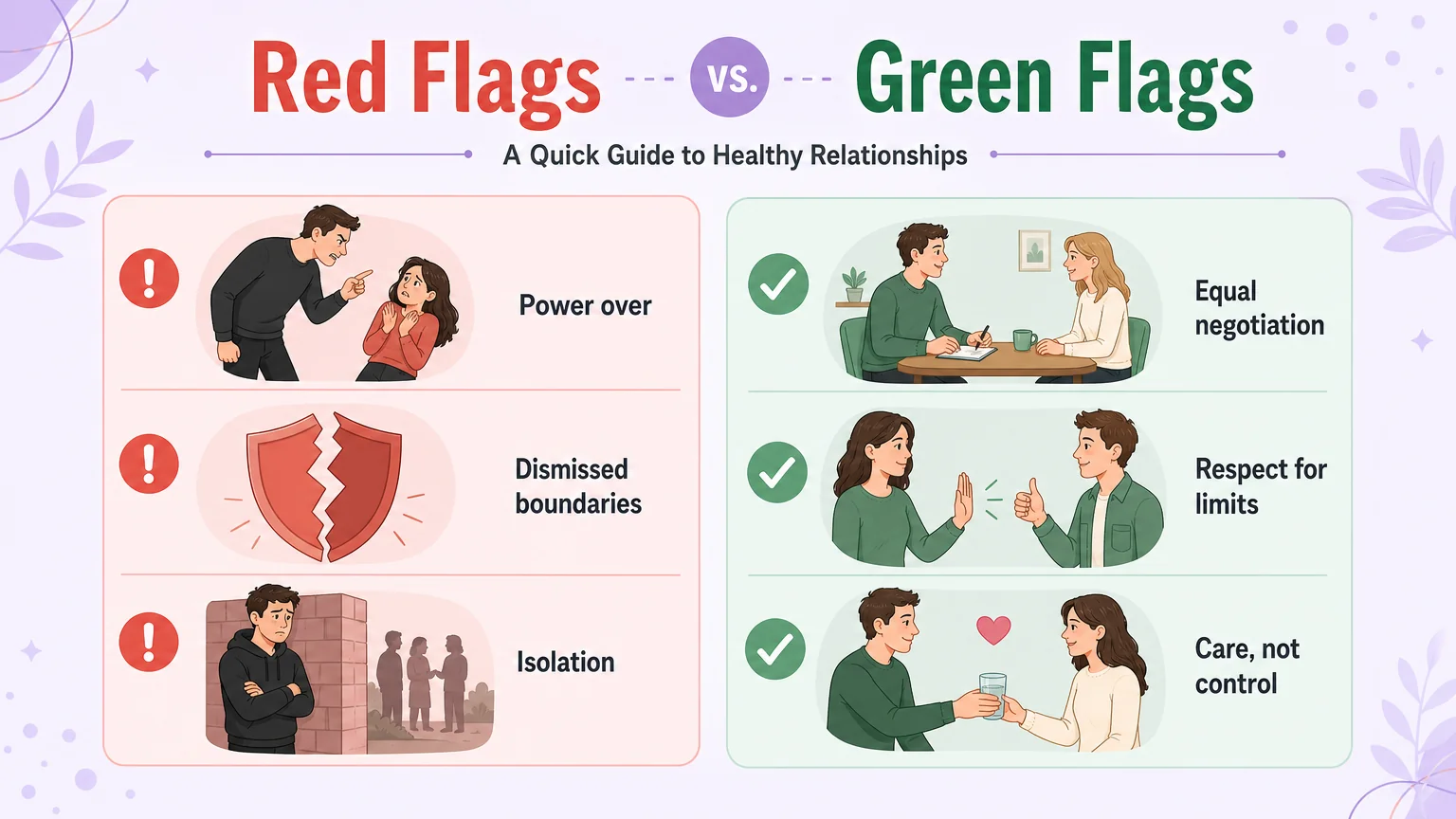 Red flags versus green flags diagnostic comparison for DDLG dynamics — warning signs and healthy signals side by side