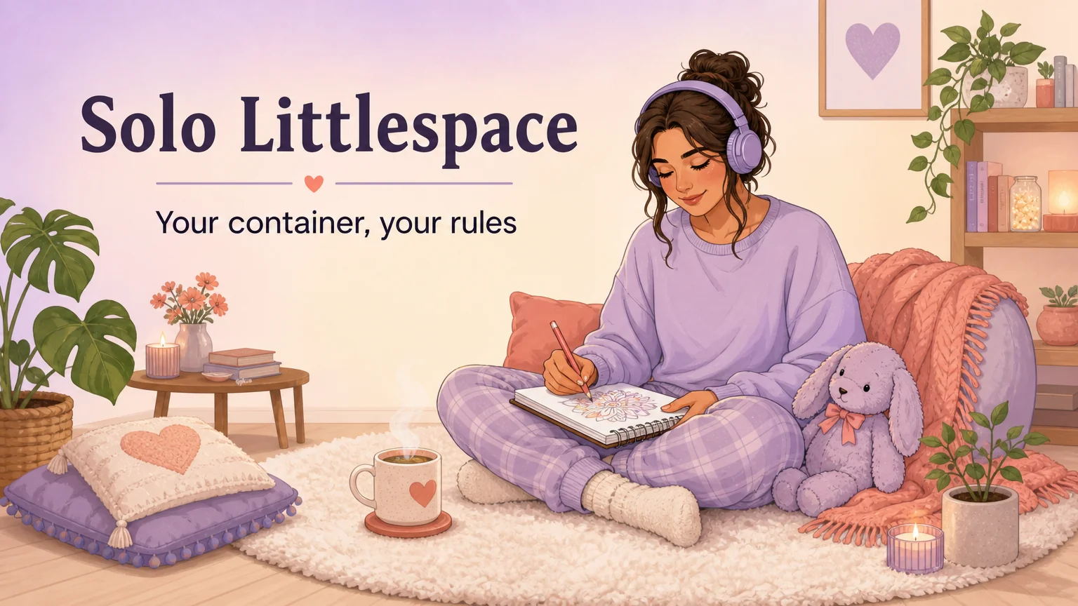 A single adult enjoying peaceful solo littlespace with coloring, comfort objects, and a cozy atmosphere