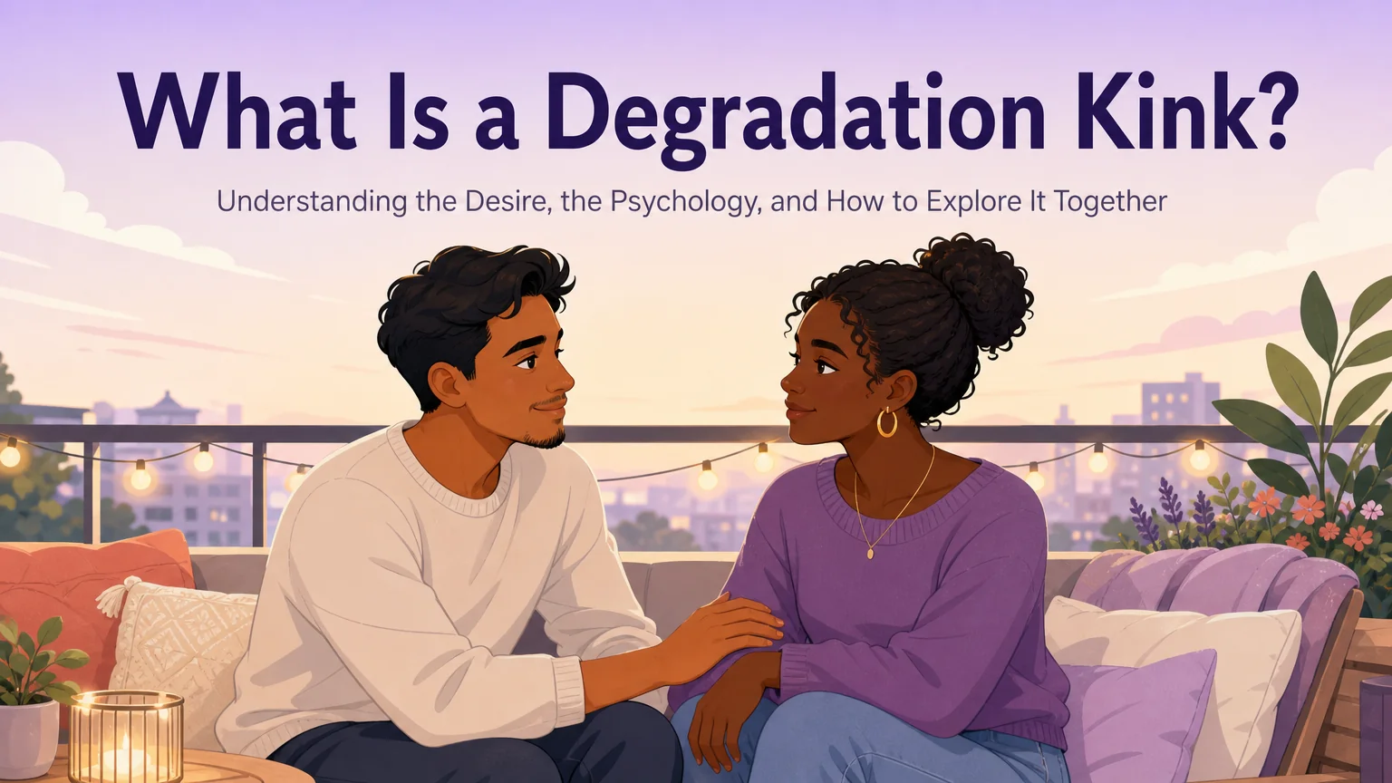 Cover image: A couple on a balcony at dusk, deep in intimate conversation, with the article title rendered above