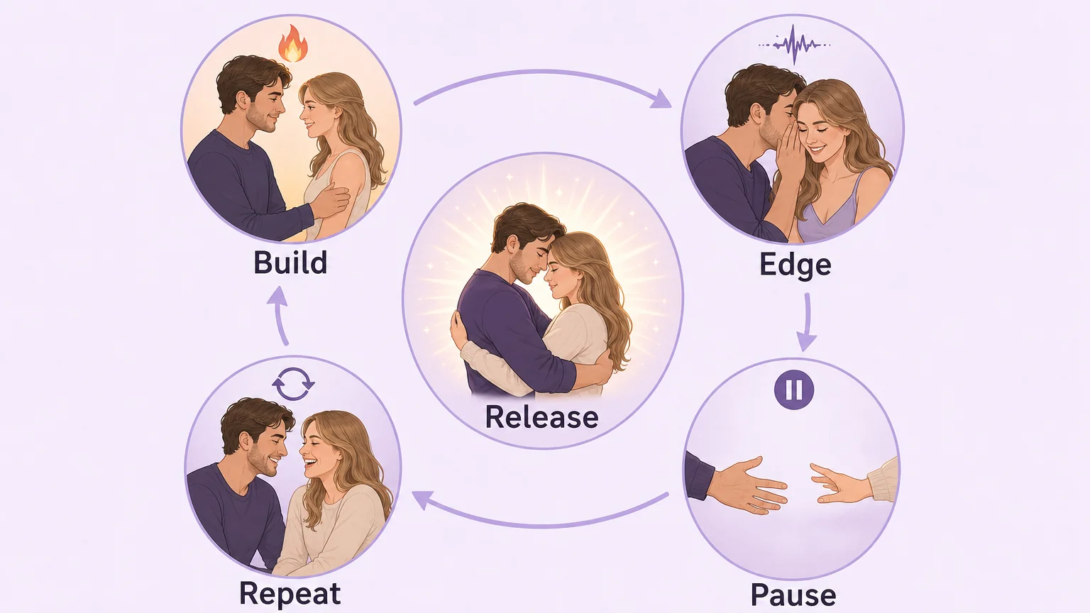 The edging anticipation cycle — Build, Edge, Pause, Repeat, leading to Release at the center