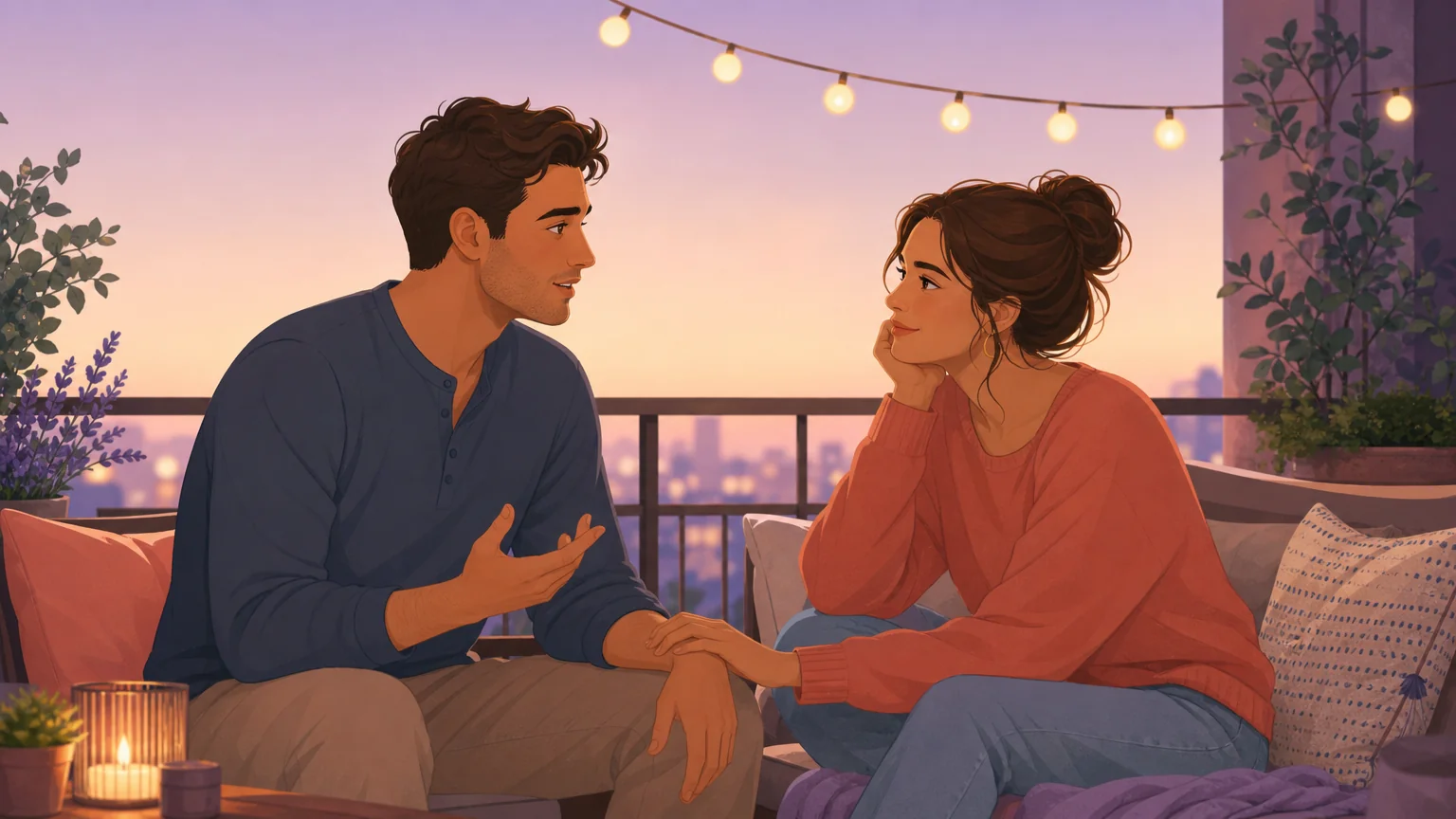 A couple having an intimate conversation on a balcony at twilight, warm and trusting