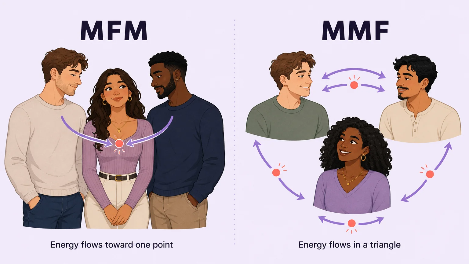 Two diagrams showing MFM energy flowing toward one point and MMF energy flowing in a triangle