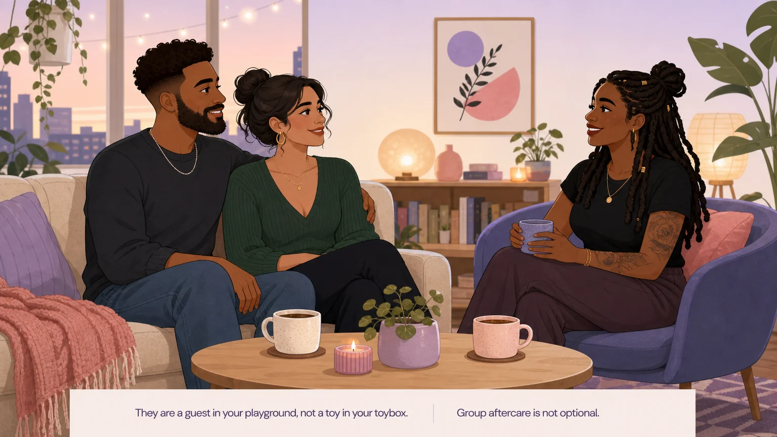 Three people — a couple and a single — in a warm, balanced conversation. Group dynamics work when everyone is seen as a person