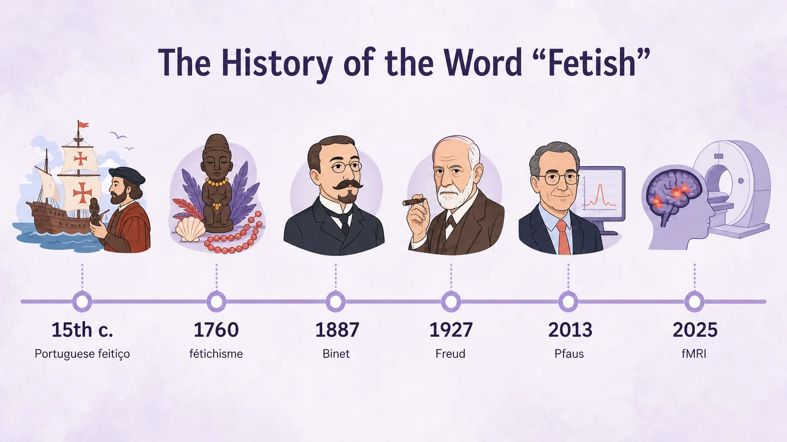 Etymology timeline showing the word's journey from 15th-century Portuguese feitiço through Binet and Freud to modern fMRI research
