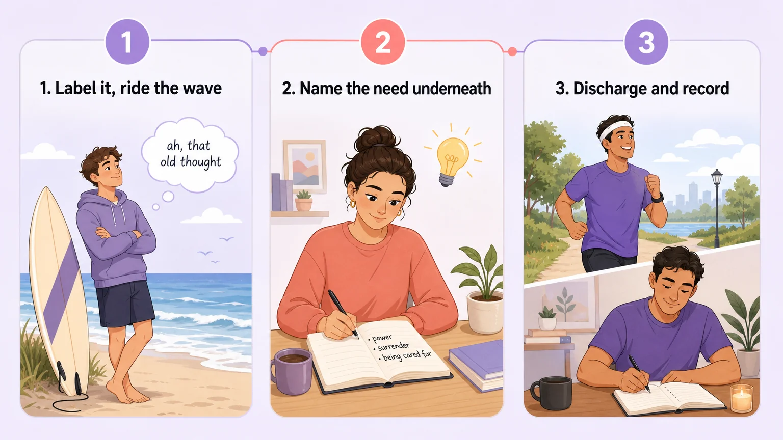 Three evidence-based self-help moves: label it and ride the wave, name the need underneath, discharge and record
