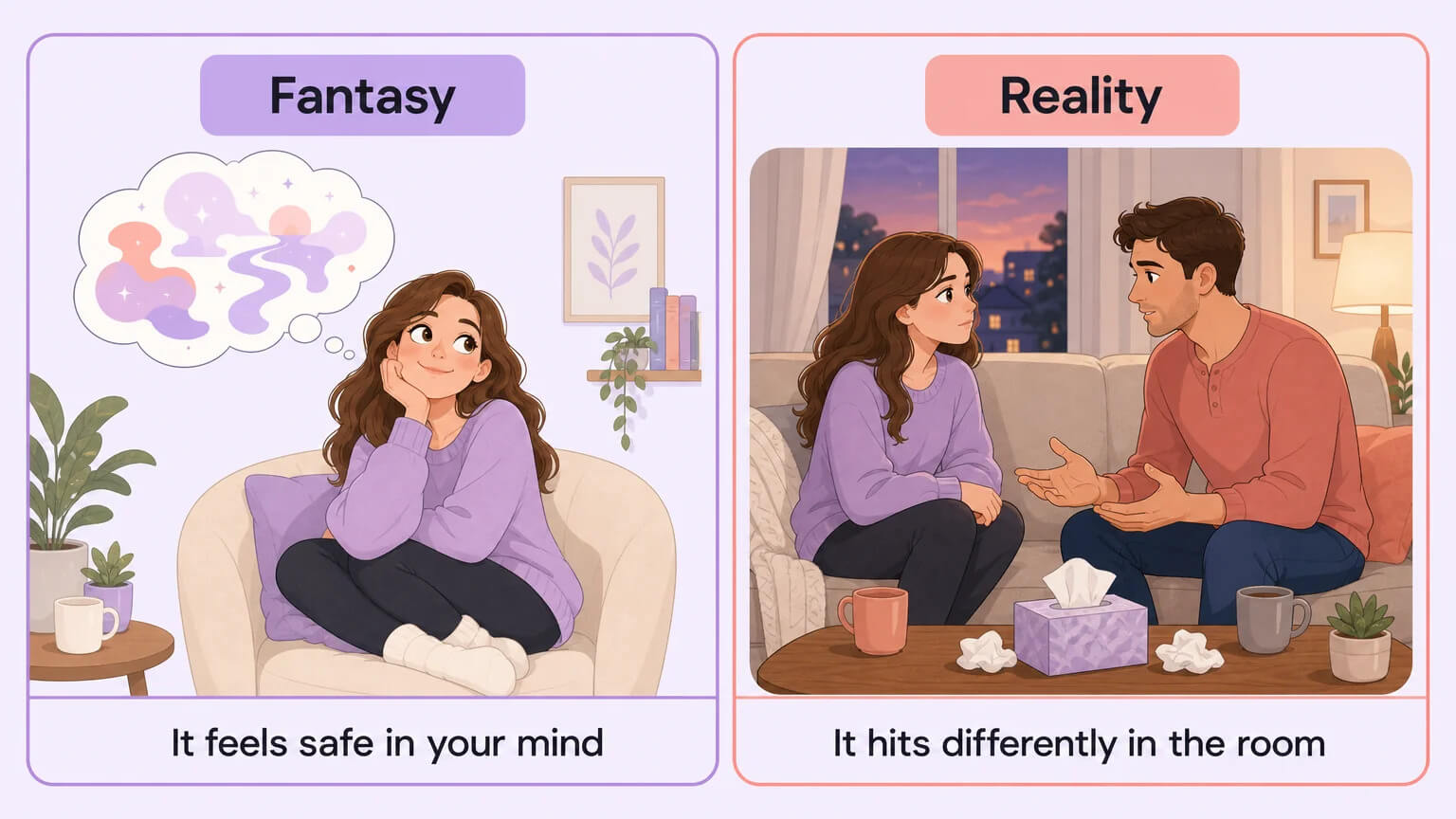Fantasy versus Reality comparison: a woman daydreaming contrasted with a couple having a grounded emotional conversation