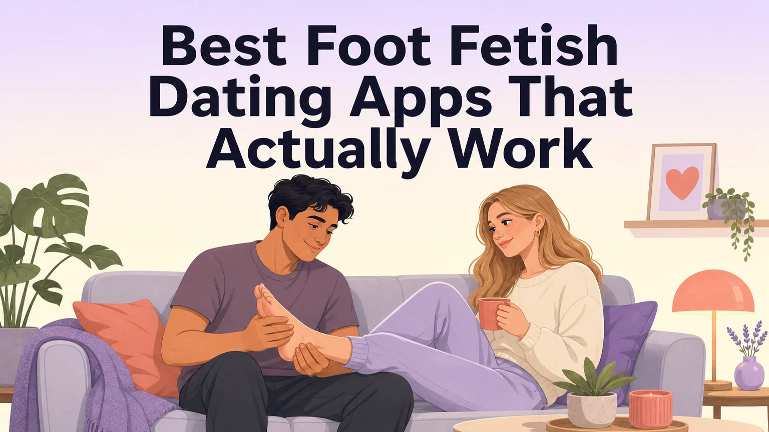 Couple sharing an intimate foot massage moment on a sofa, warm pastel illustration for article about foot fetish dating apps