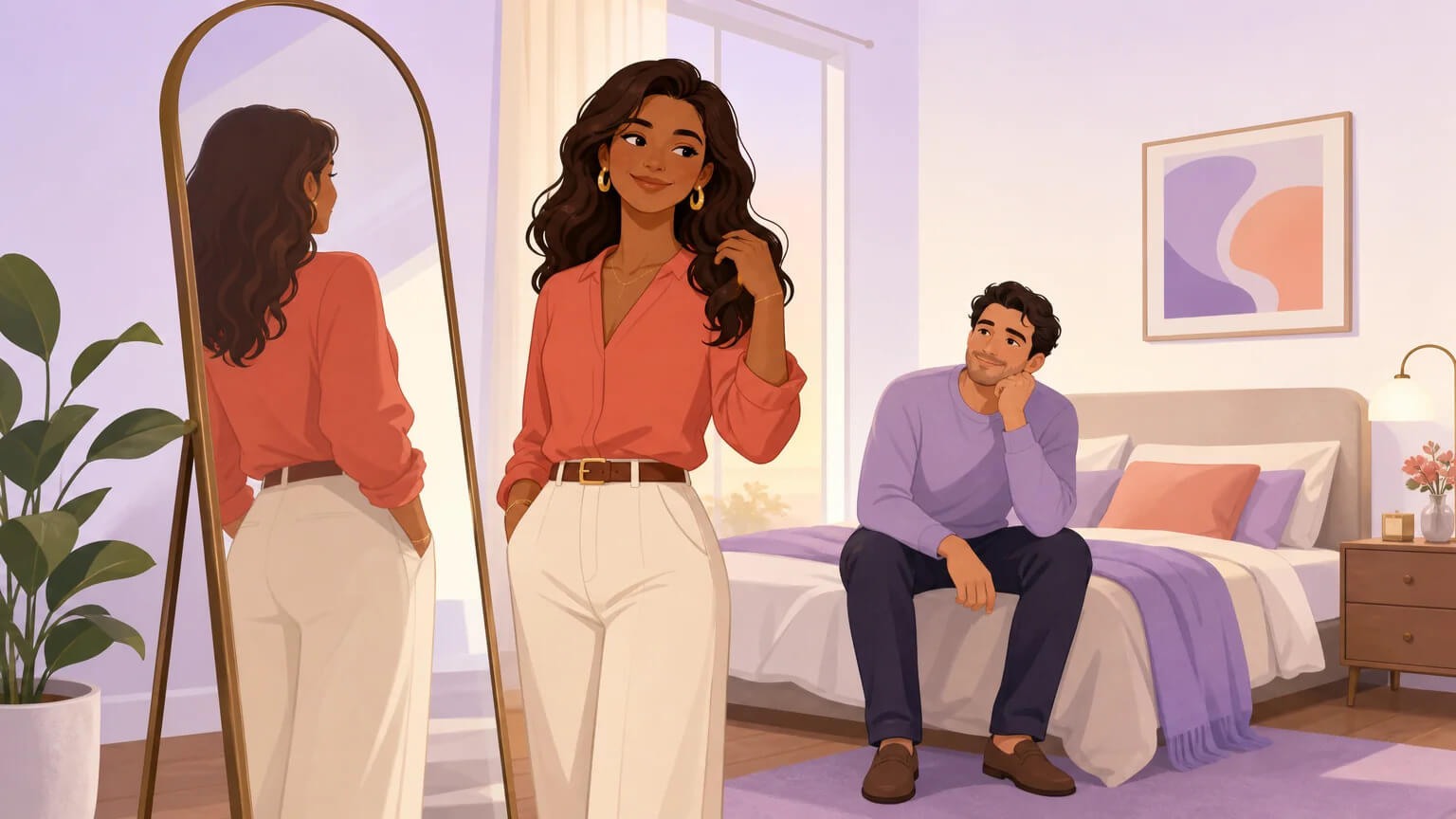 An empowered woman looking at herself with quiet confidence while her partner watches with admiration