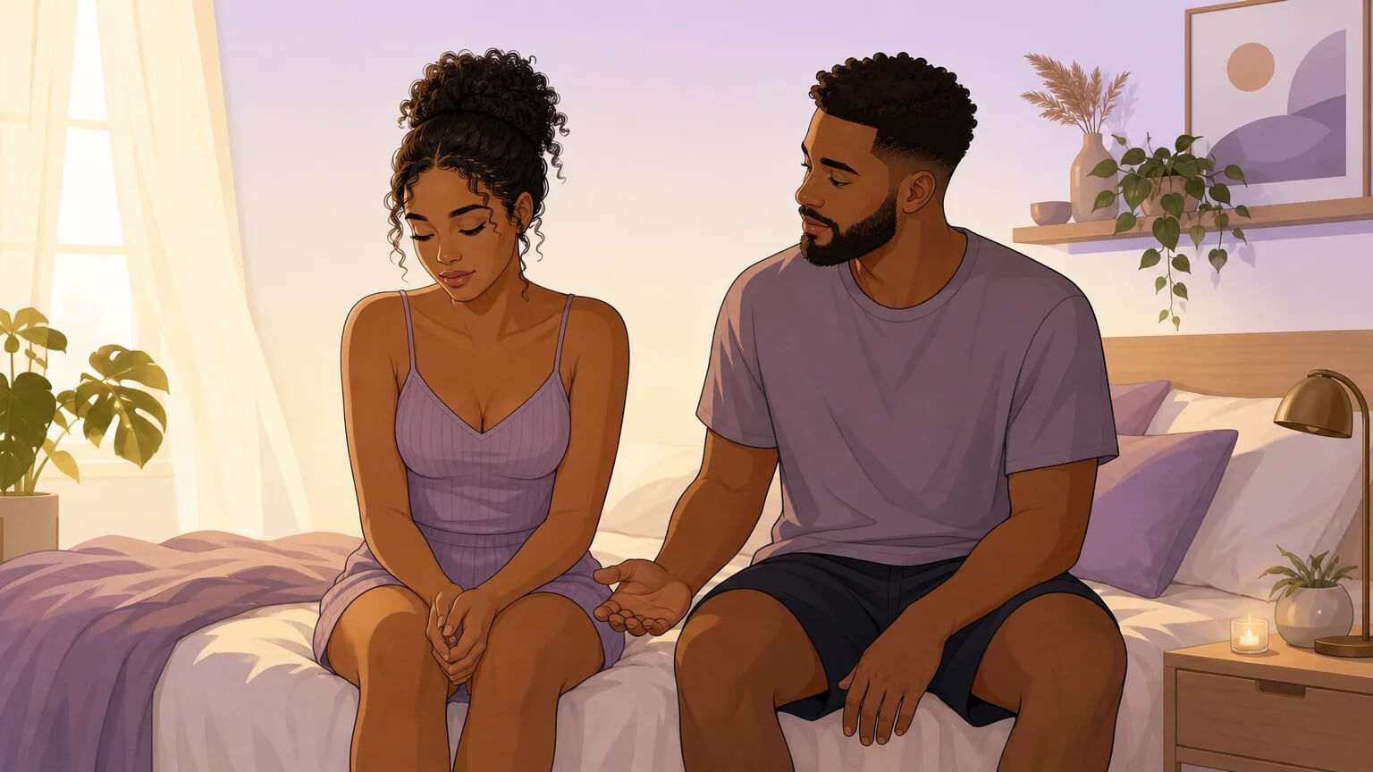 A couple sitting together after a first experience — quiet, connected, processing