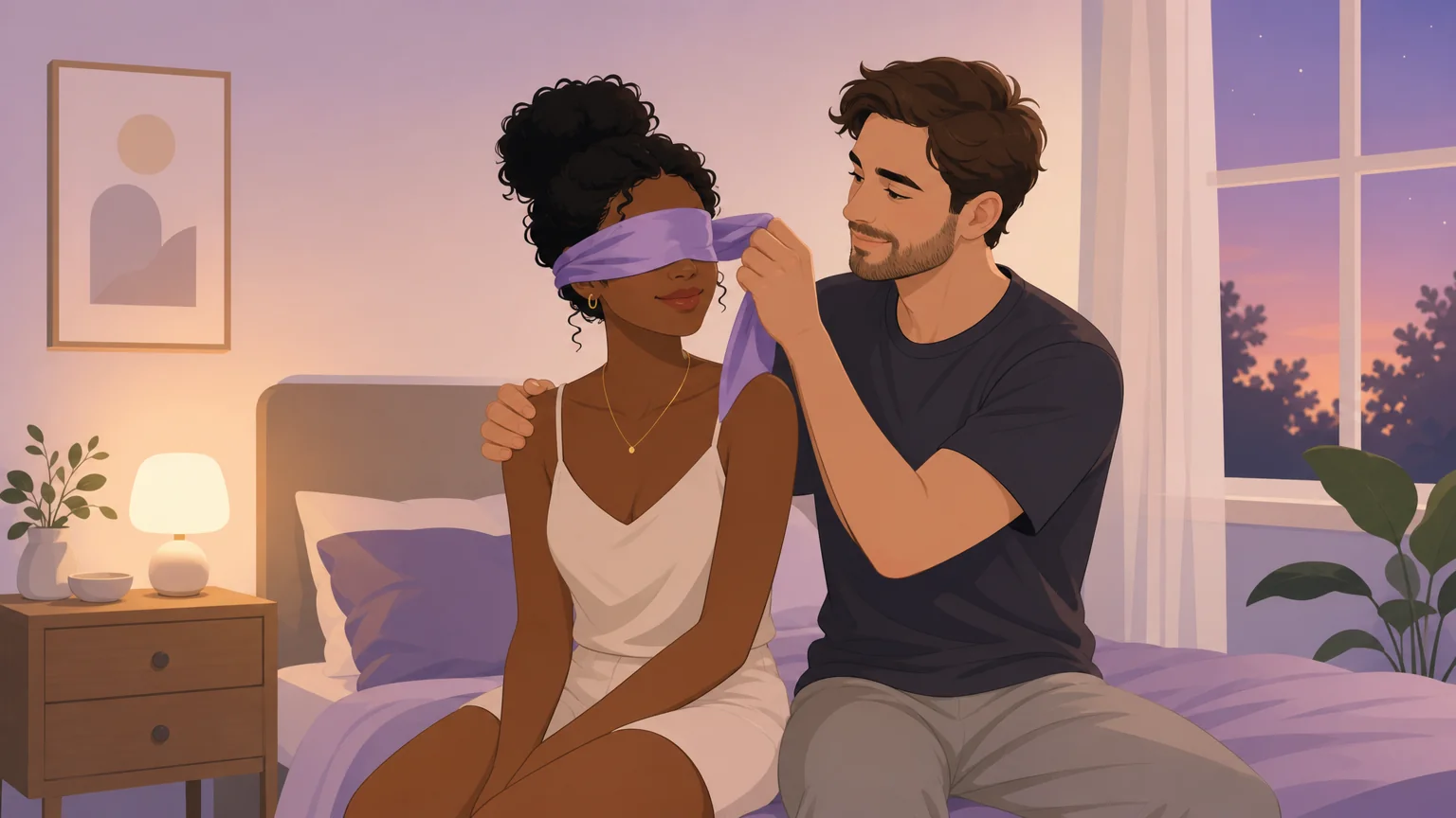 A tender bedroom scene — a woman with a silk scarf blindfold, her partner beside her with a hand on her shoulder