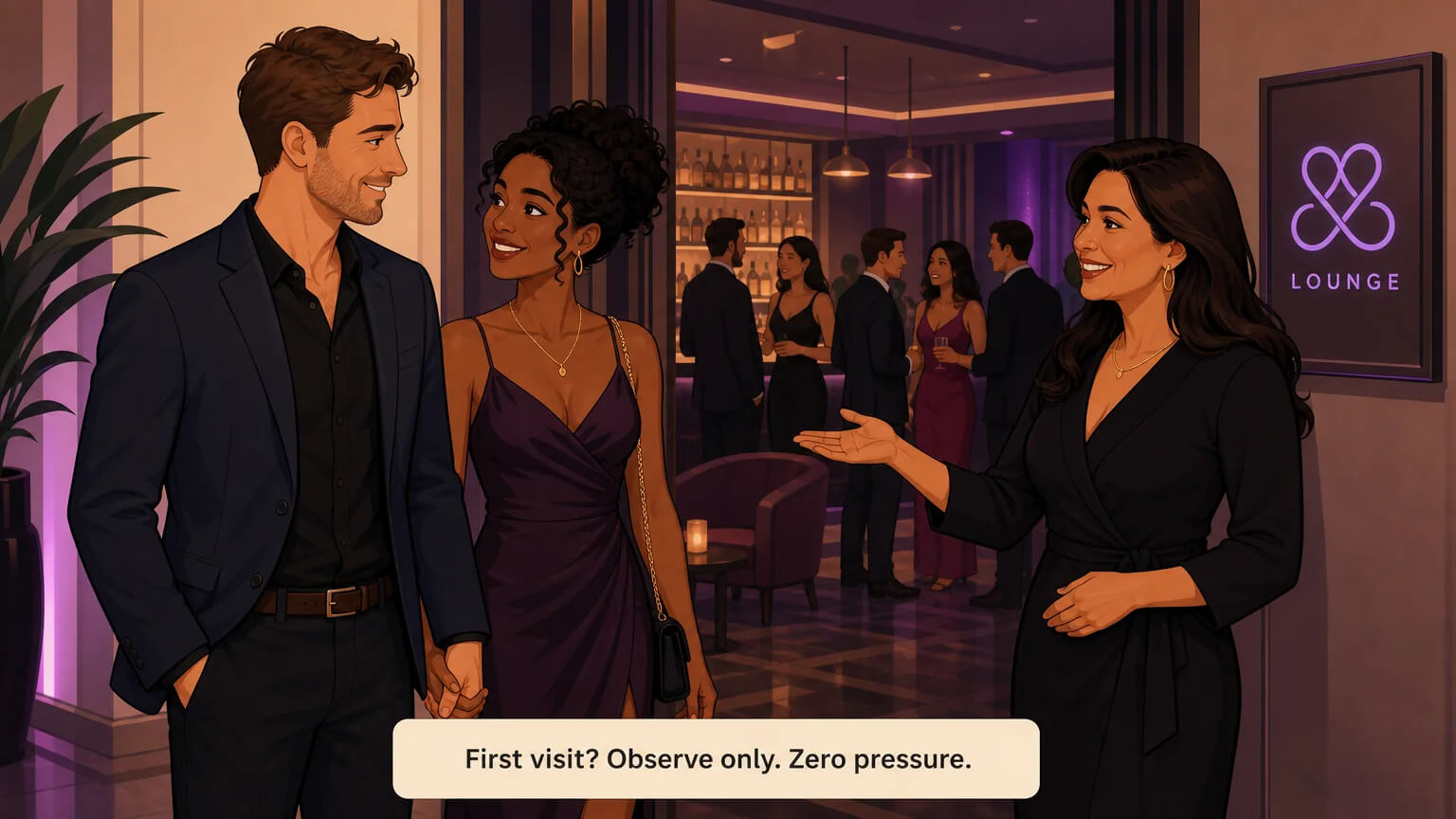 A couple arriving at an upscale swinger club for the first time, greeted by a friendly host at the entrance