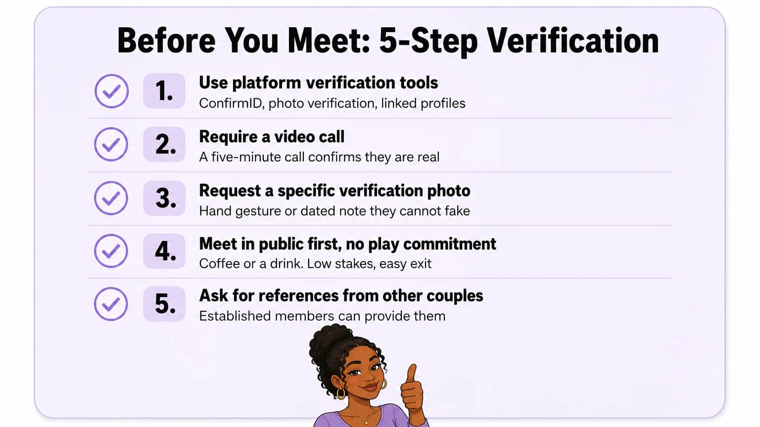 5-step verification checklist card with practical safety steps: verify identity, video call, request photo, meet in public, ask for references