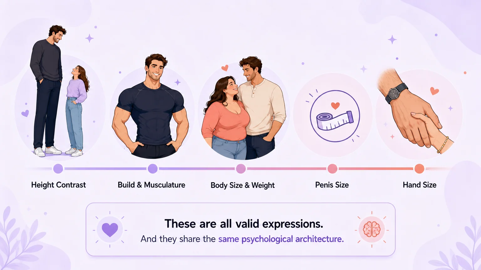 Five types of size attraction along a spectrum: height contrast, build and musculature, body size and weight, penis size, hand size