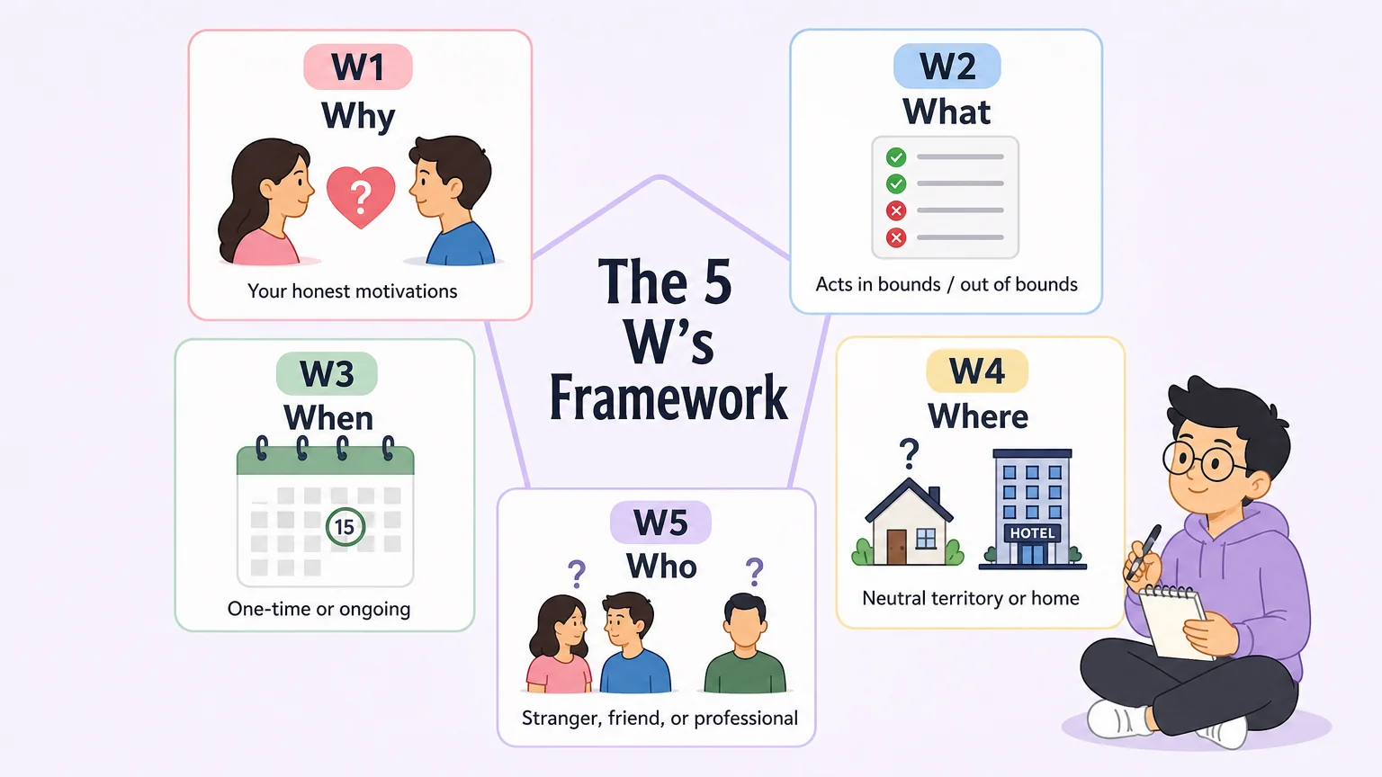 The 5 W's framework for planning a threesome — Why, What, When, Where, Who