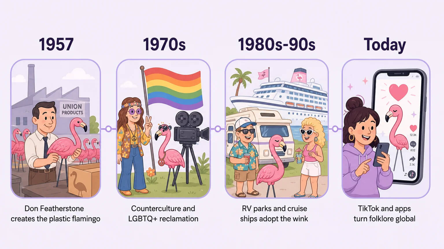 Timeline of the pink flamingo: from Don Featherstone's 1957 creation through 1970s counterculture, RV parks, to TikTok today