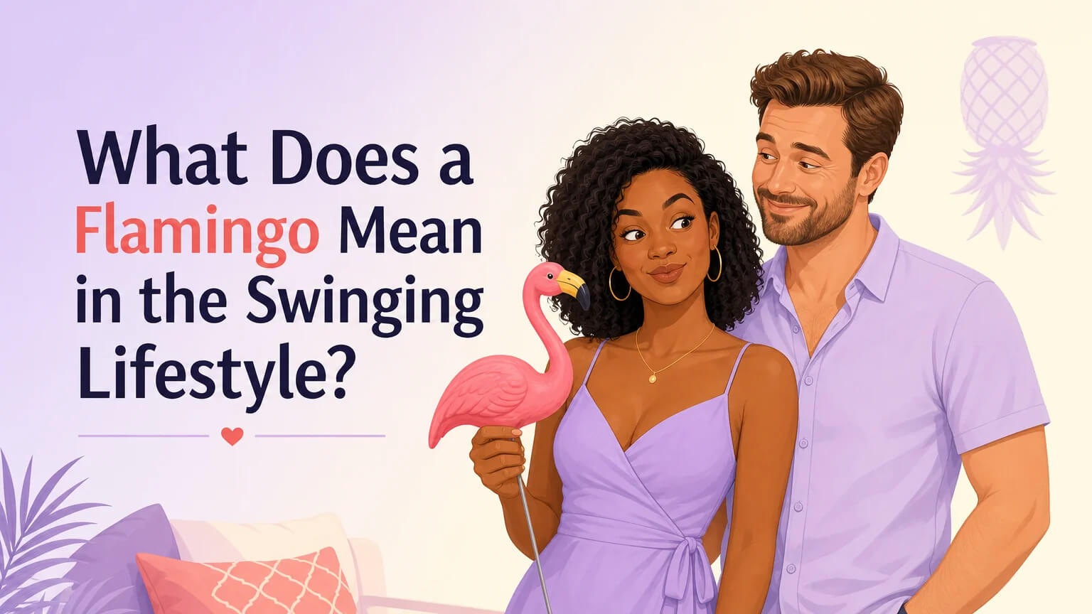 Article cover: a couple holding a pink flamingo lawn ornament with playful curiosity, warm inviting mood