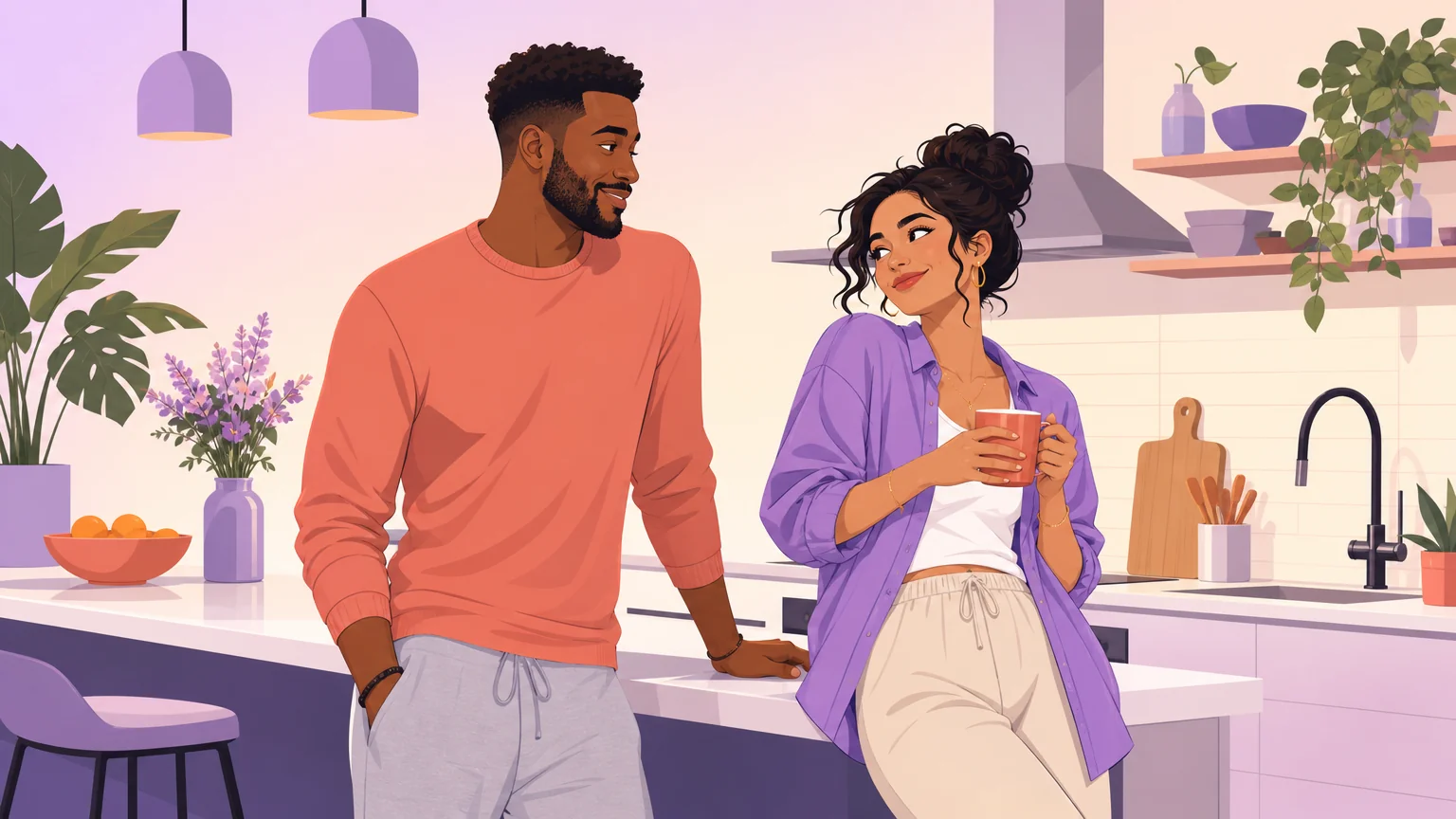 Two people in a bright kitchen, playful smirks and teasing energy, light and flirty moment