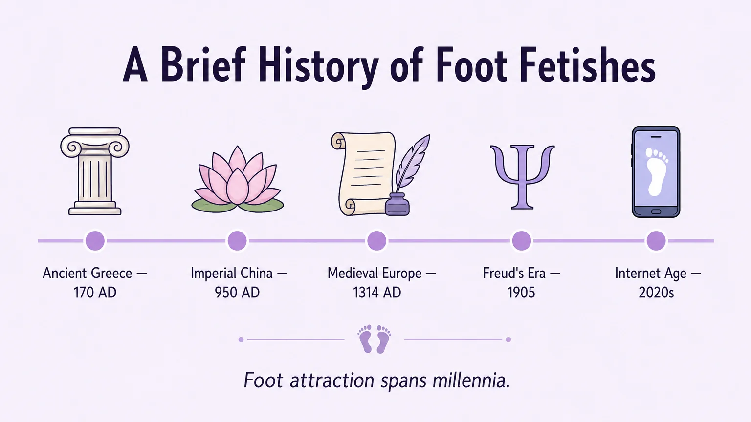 Timeline of foot fetish history: Ancient Greece (170 AD), Imperial China (950 AD), Medieval Europe (1314 AD), Freud's Era (1905), Internet Age (2020s)