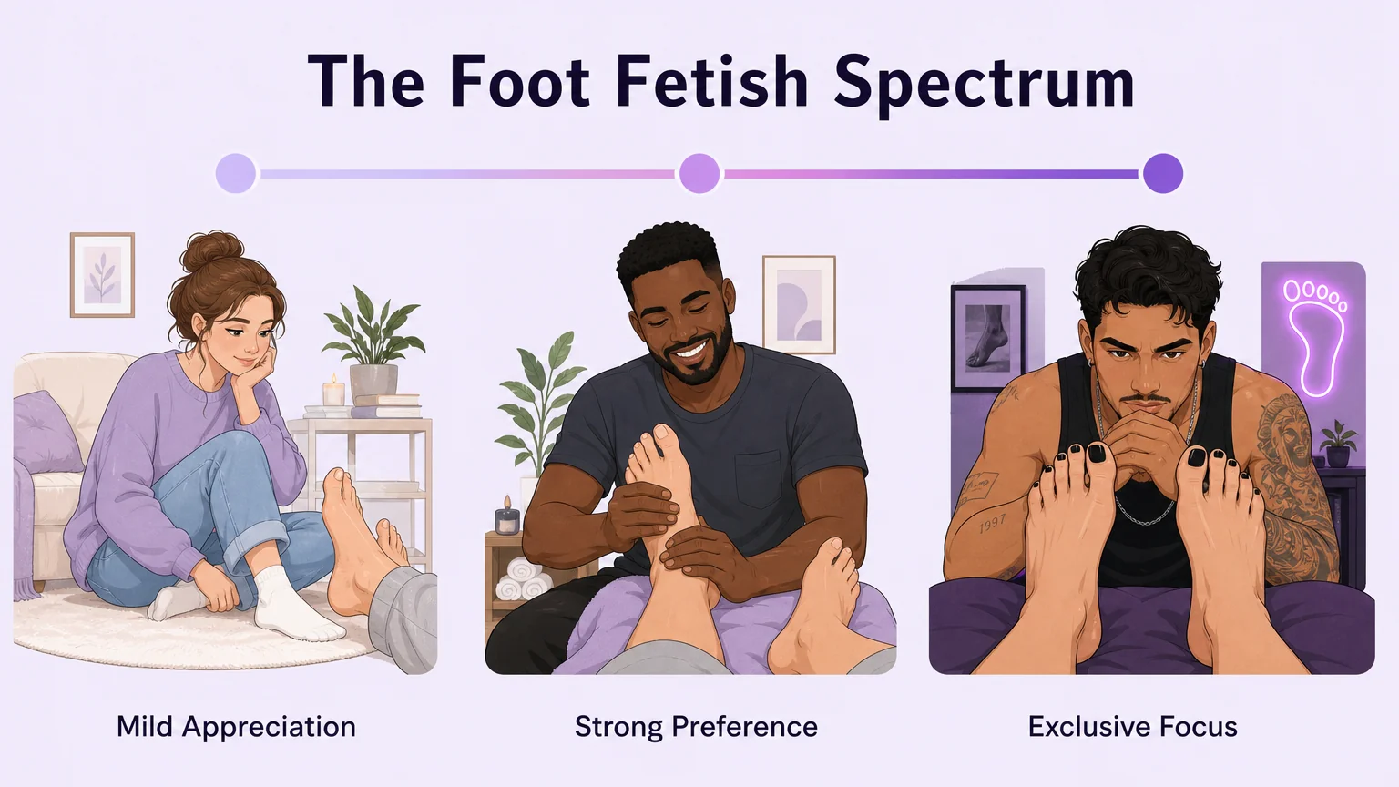 Spectrum from mild appreciation to exclusive focus — three characters illustrating the range of foot fetish intensity