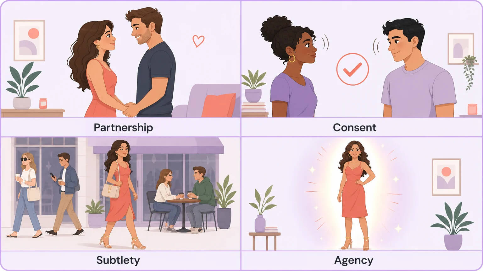 Four-pillar concept: Partnership, Consent, Subtlety, and Agency illustrated with cartoon characters in a 2x2 grid