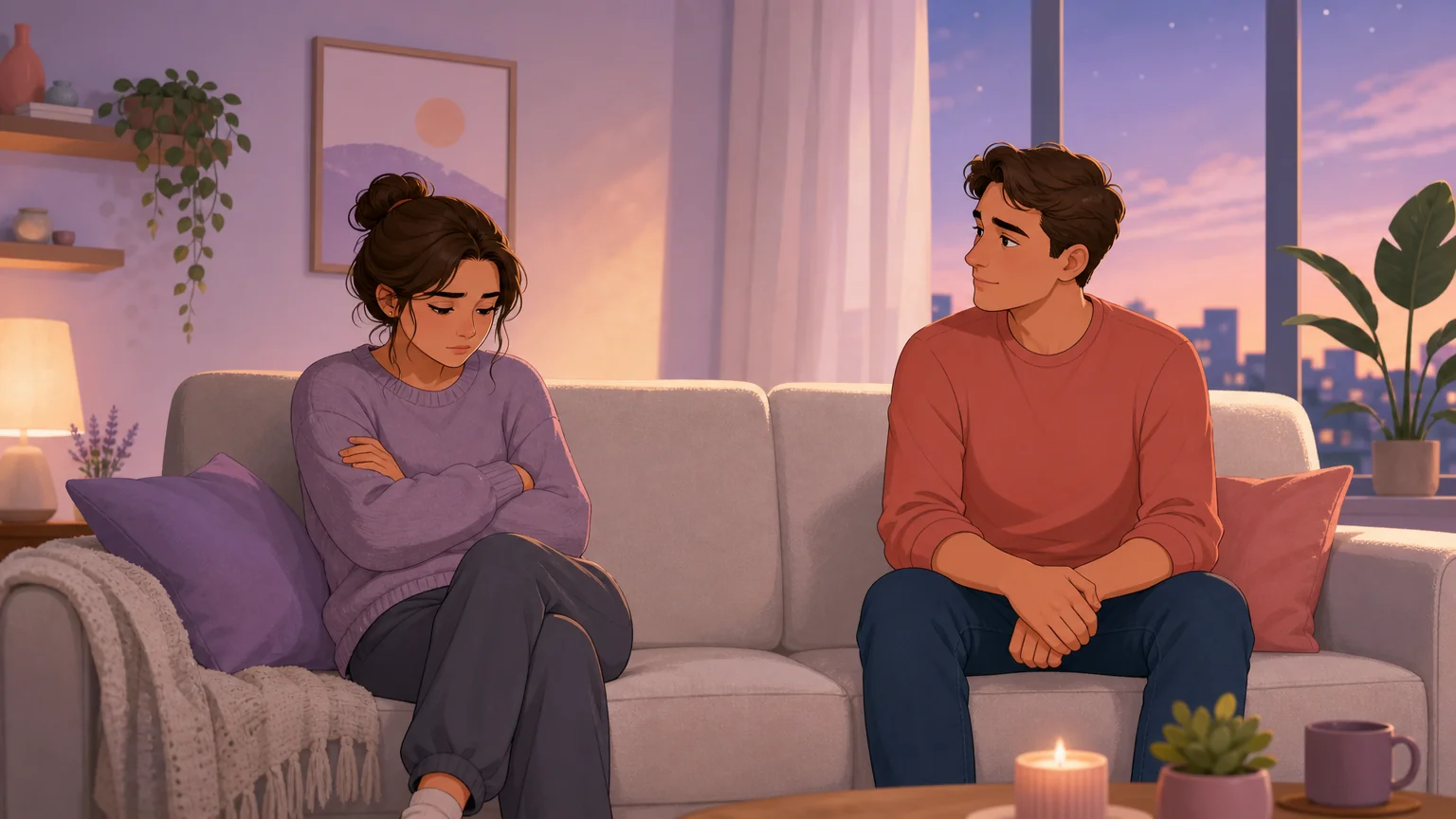 Two characters on a couch after a difficult conversation — the quiet moment of handling a no with patience