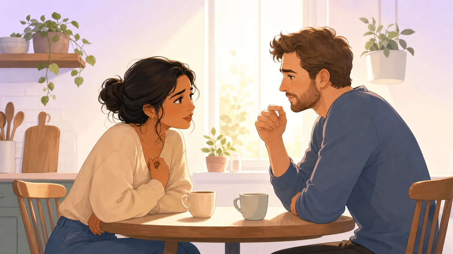 A couple sitting at a kitchen table in morning light, having an intimate and vulnerable conversation over coffee