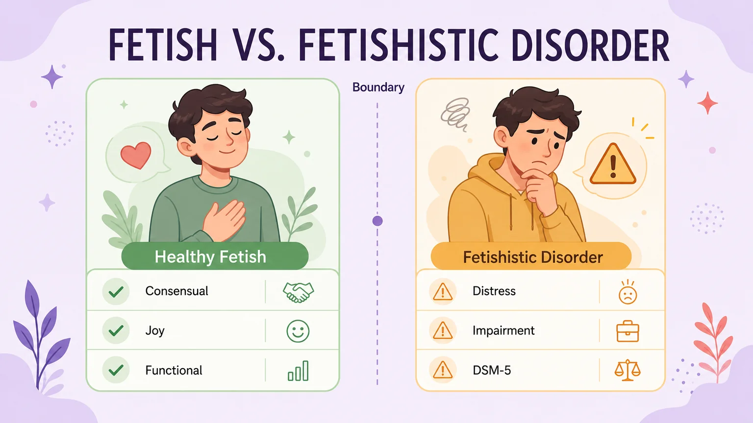 Side-by-side comparison: healthy fetish (consensual, joyful, functional) vs fetishistic disorder (distress, impairment, DSM-5)