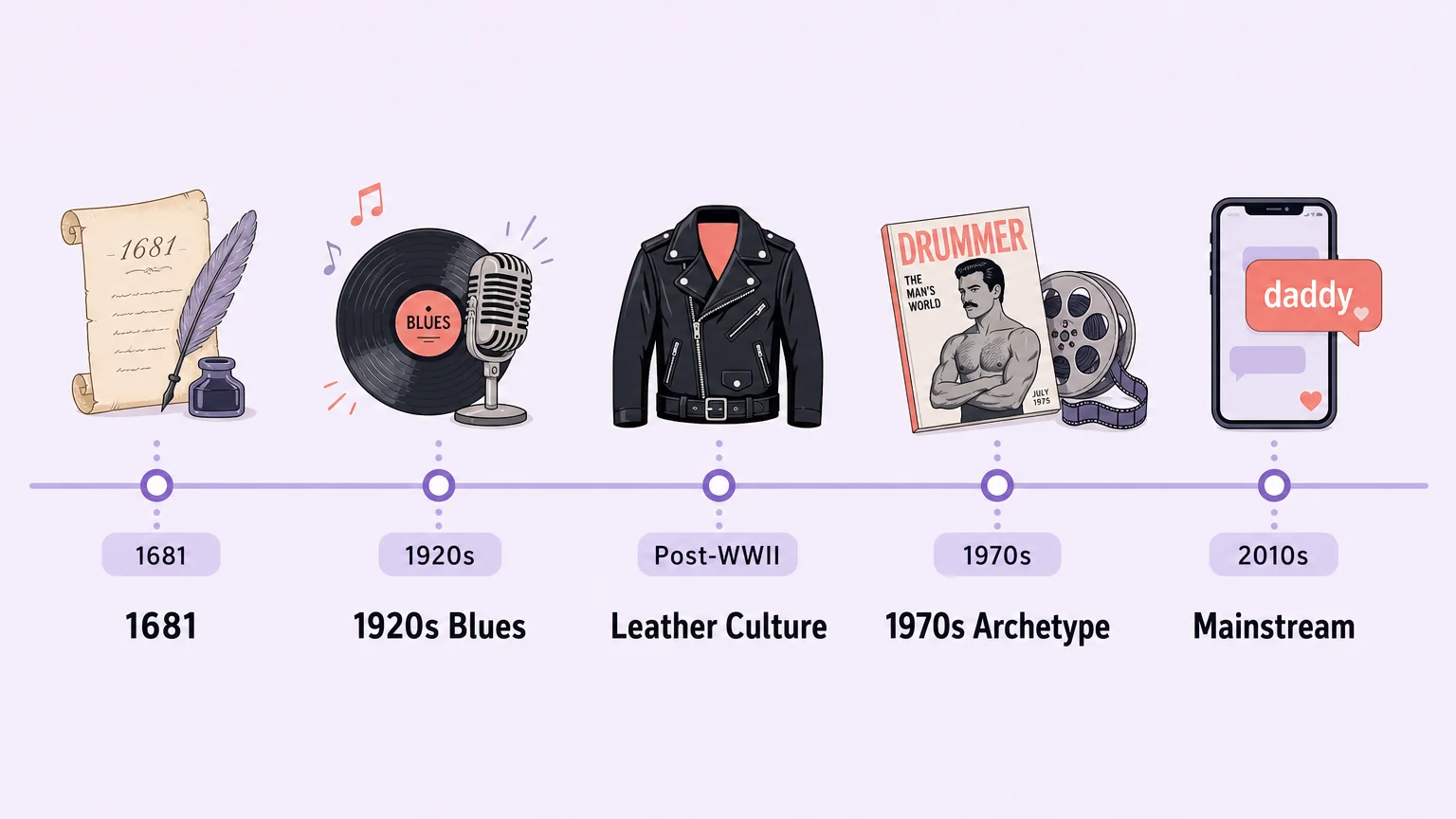 Timeline showing the evolution of "daddy" as a sexual term across five eras: 1681, 1920s Blues, Post-WWII Leather Culture, 1970s Archetype, and 2010s Mainstream