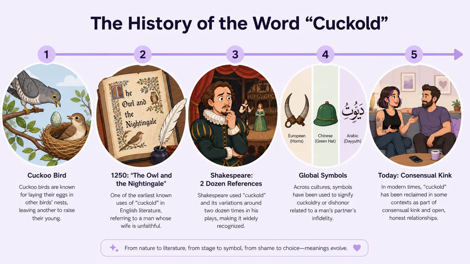 Timeline showing the evolution of the word cuckold from cuckoo bird through medieval poetry, Shakespeare, global symbols, to modern usage