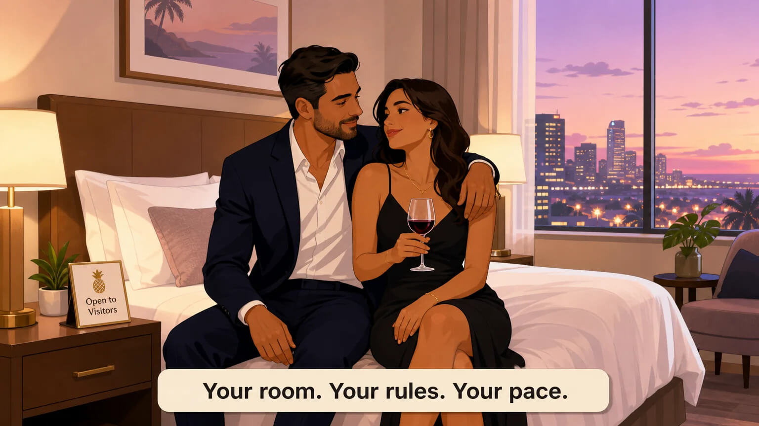 A couple relaxing in their private hotel room during a lifestyle takeover event, with a door sign reading Open to Visitors