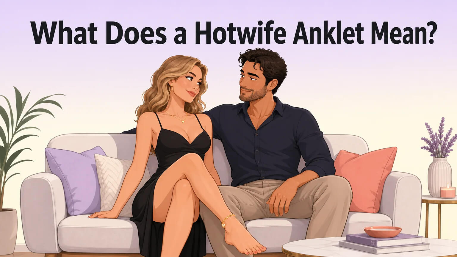 A couple sharing a knowing glance on a sofa, a delicate gold hotwife anklet visible on the woman's ankle