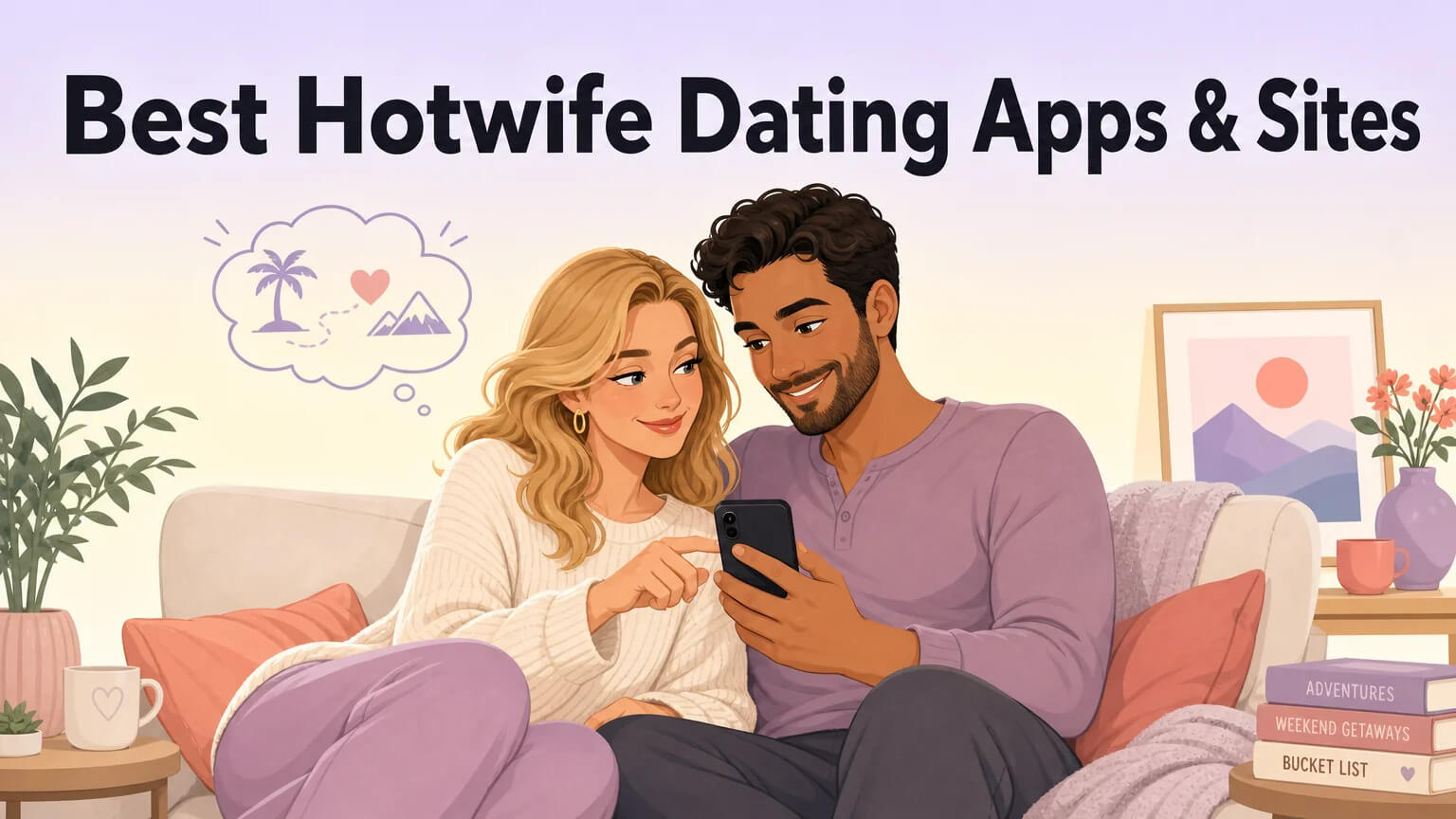 A couple sitting close together on a couch, browsing a dating app on a smartphone together