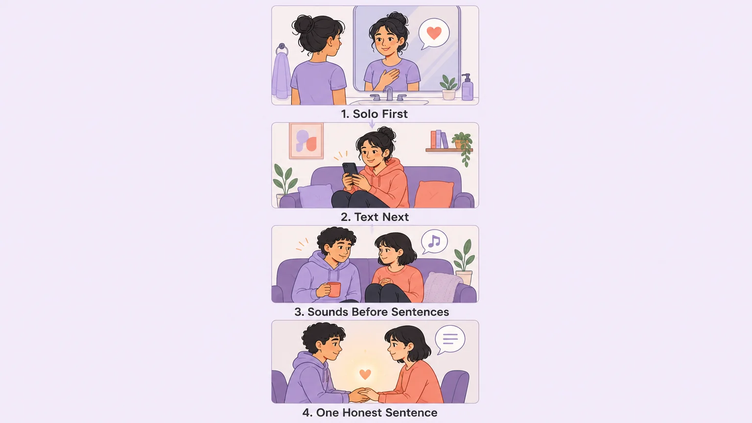 Four-step practice ramp: solo practice in mirror, texting, sounds before sentences, and honest face-to-face connection
