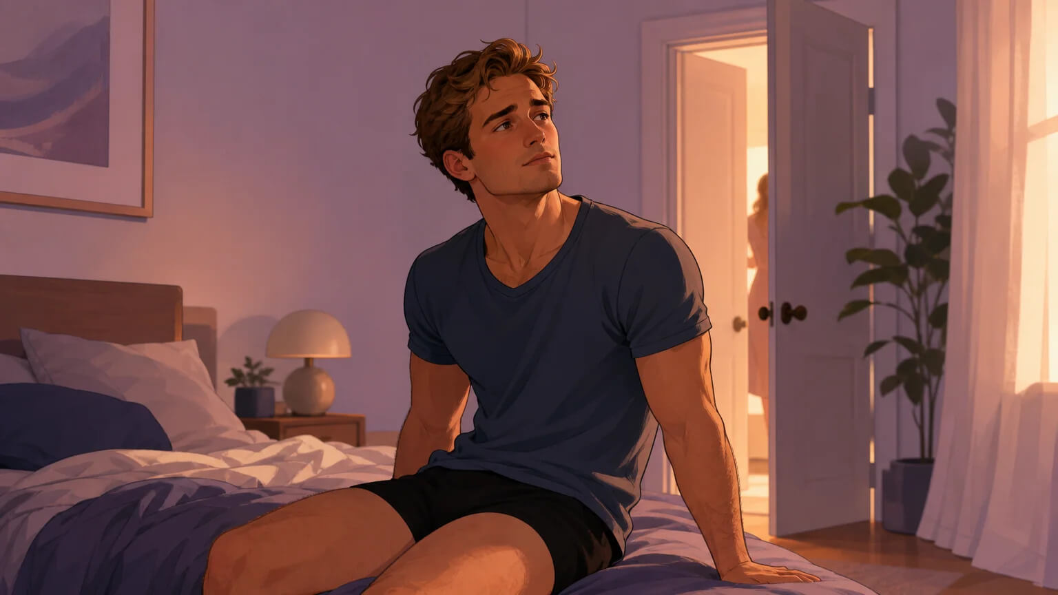 A man sitting alone on the edge of a bed in evening light, experiencing the complex emotional cocktail of the cuckold experience