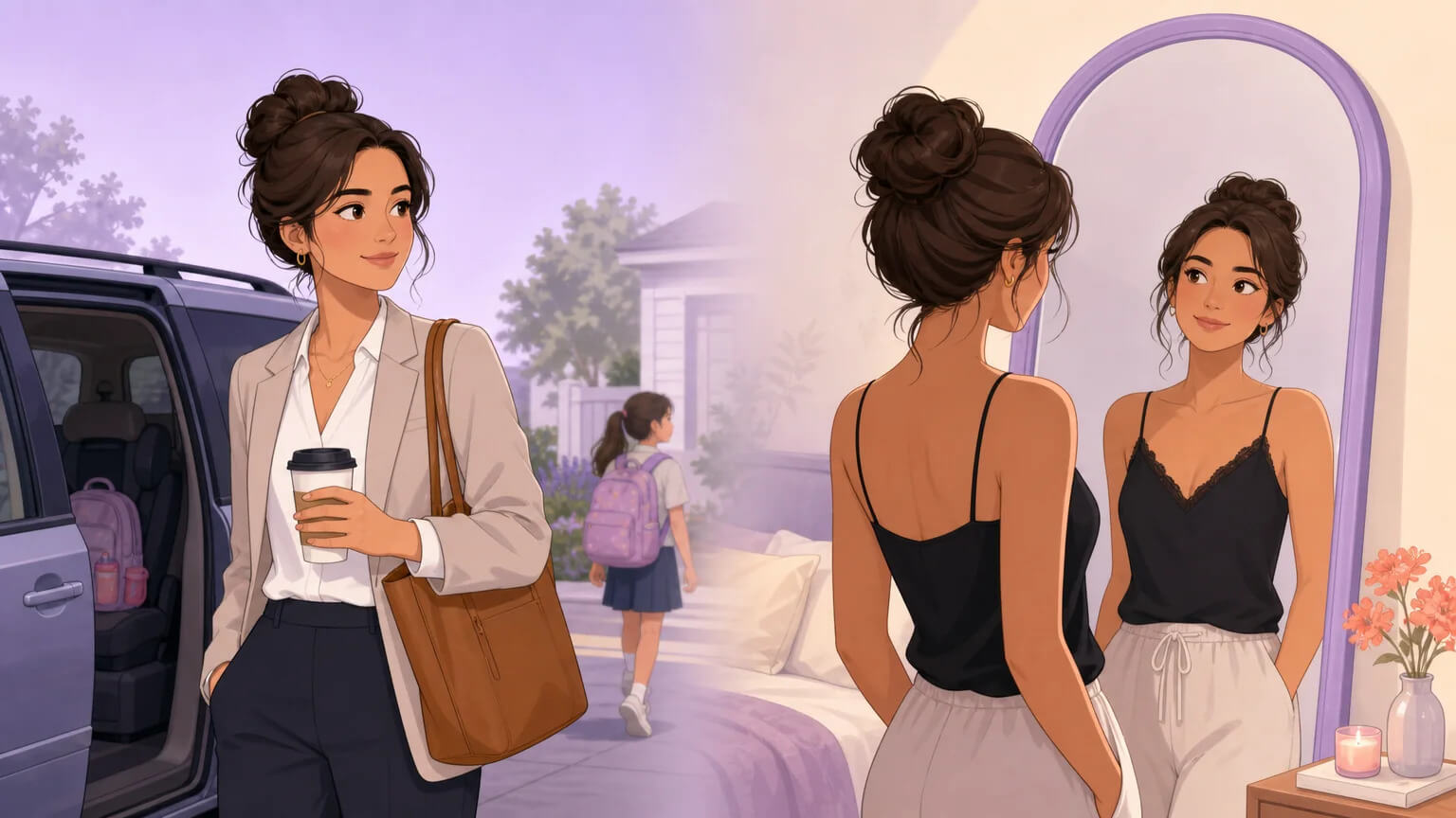 A woman split between two worlds — the everyday mom and the confident woman owning her sexuality