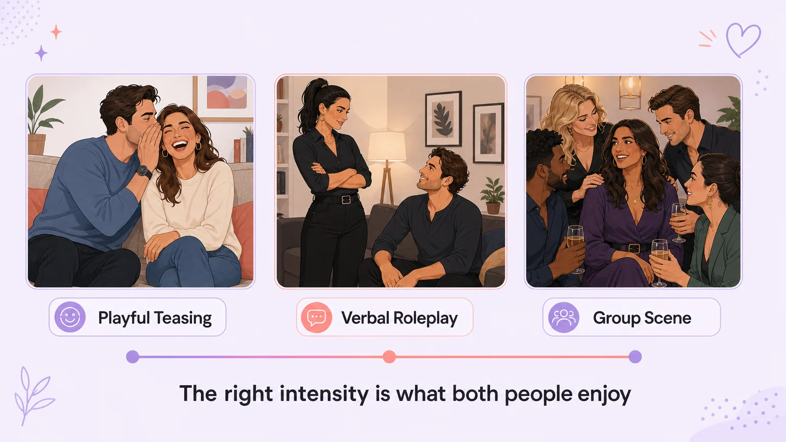 Three-panel spectrum showing light playful teasing, mid verbal roleplay, and extreme group scene — the right intensity is what both people enjoy