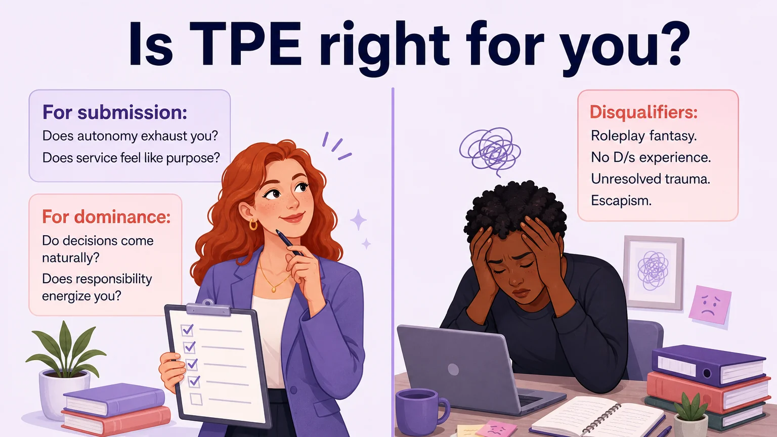 Self-assessment visual — Is TPE right for you, with criteria for submission, dominance, and disqualifiers