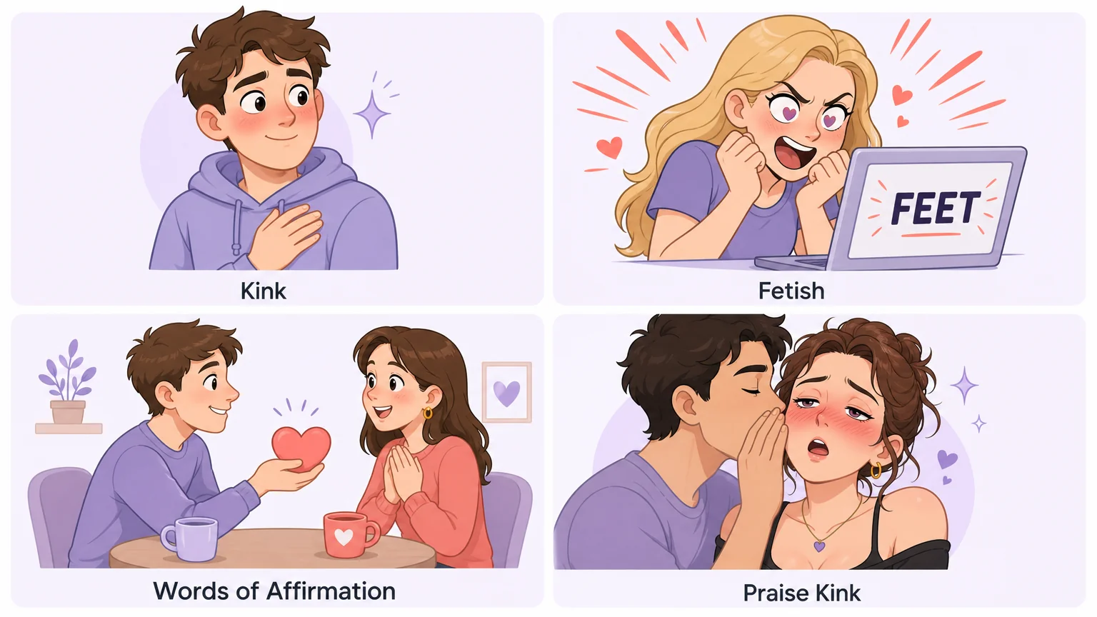 Comparison grid of four concepts: kink, fetish, words of affirmation, and praise kink, each with a small cartoon illustration