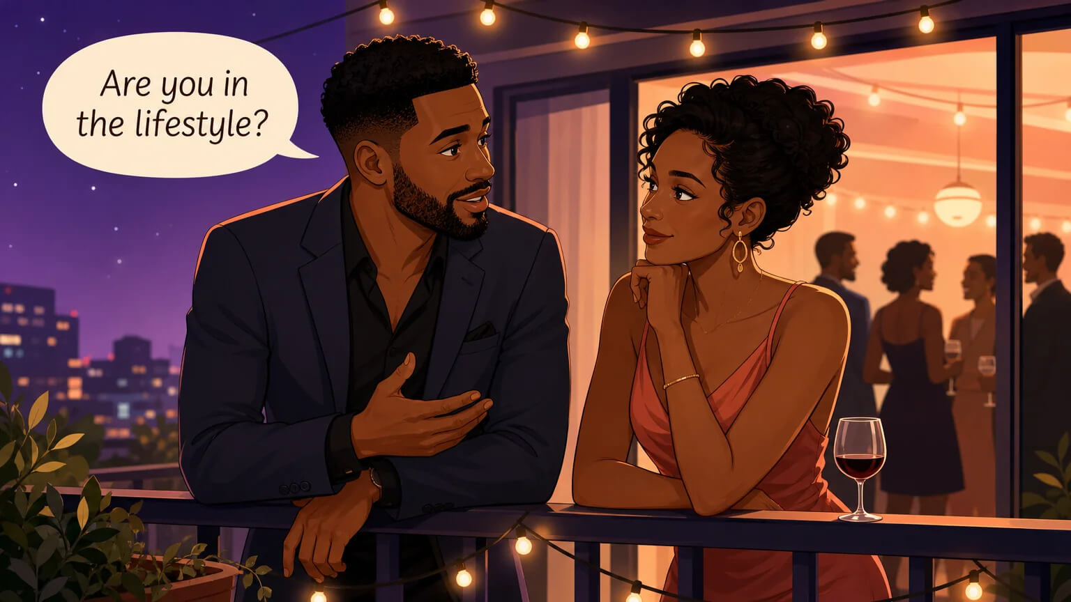 A couple on a balcony at a party having an honest, direct conversation — the real signal in the lifestyle