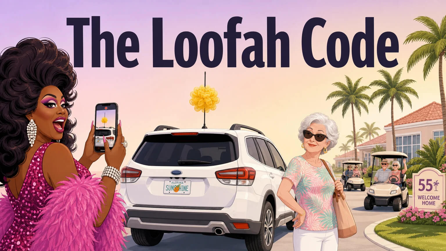Article cover: A drag queen films a car with a loofah in a Florida retirement community — the birth of a viral myth