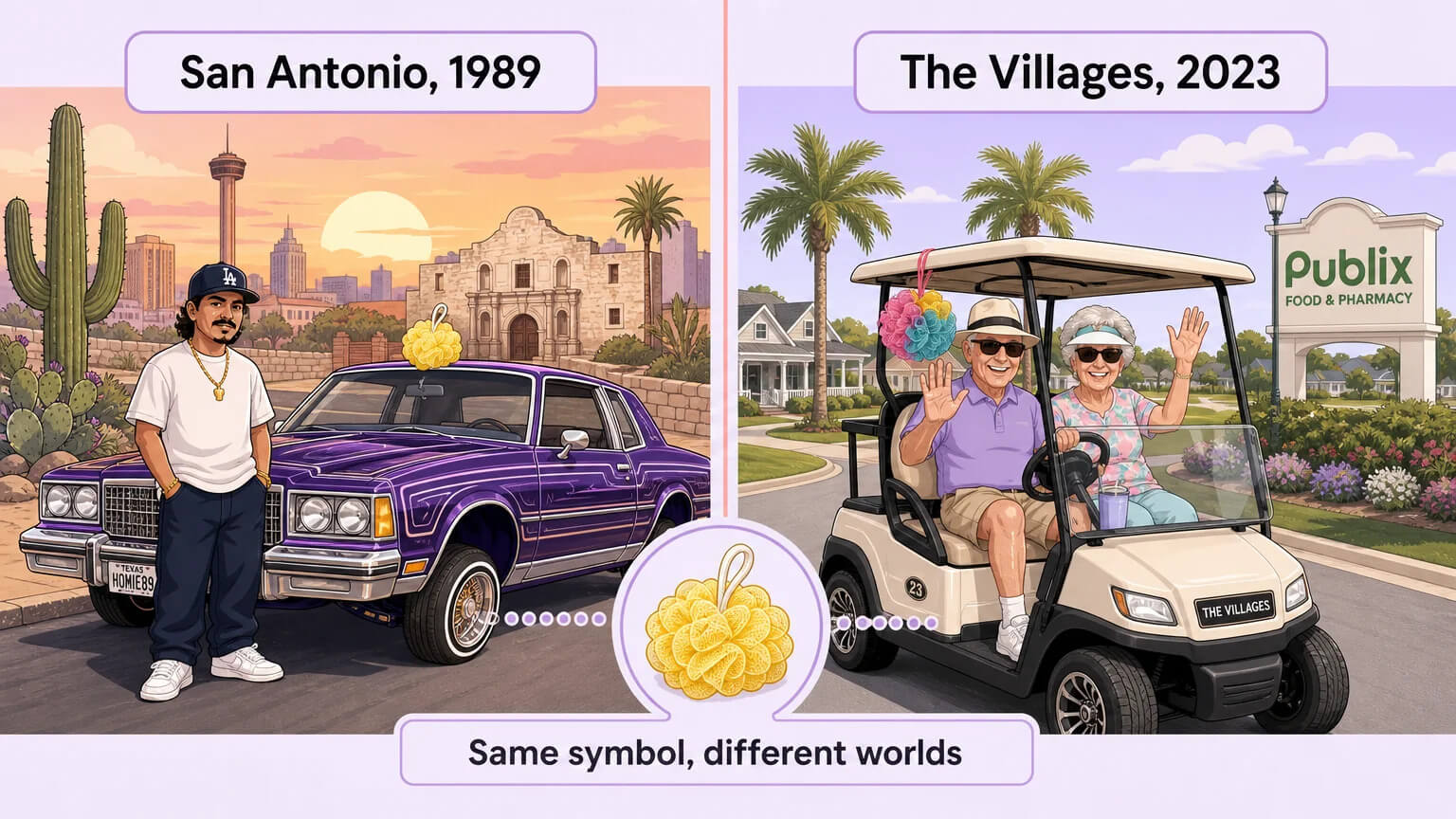 Two worlds side by side: a lowrider in San Antonio 1989 and a golf cart in The Villages 2023 — same loofah symbol, completely different meanings