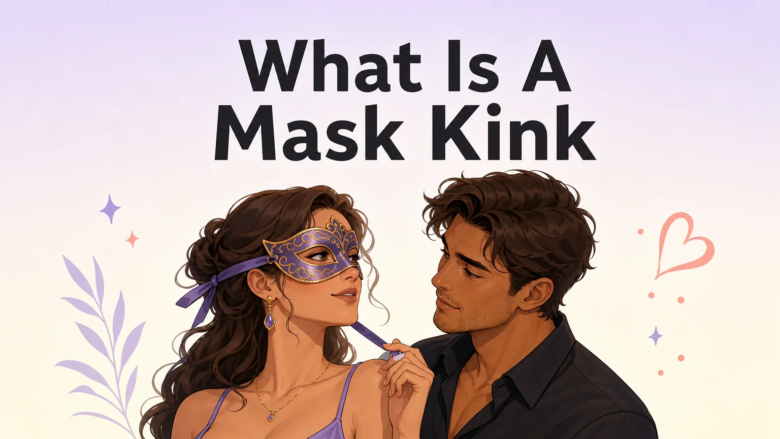 Mask kink cover illustration showing two adult characters, one wearing an elegant masquerade mask, in a warm intimate scene with soft pastel gradient background