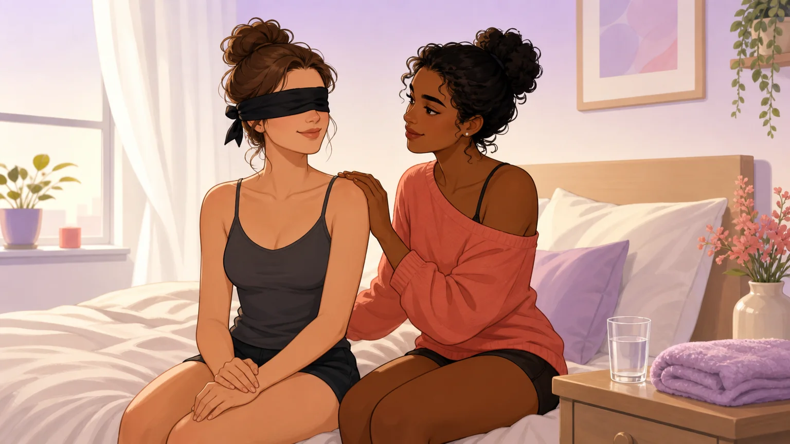 Intimate first mask scene moment showing two adult characters in a softly lit bedroom, one blindfolded and trusting, the other providing gentle care