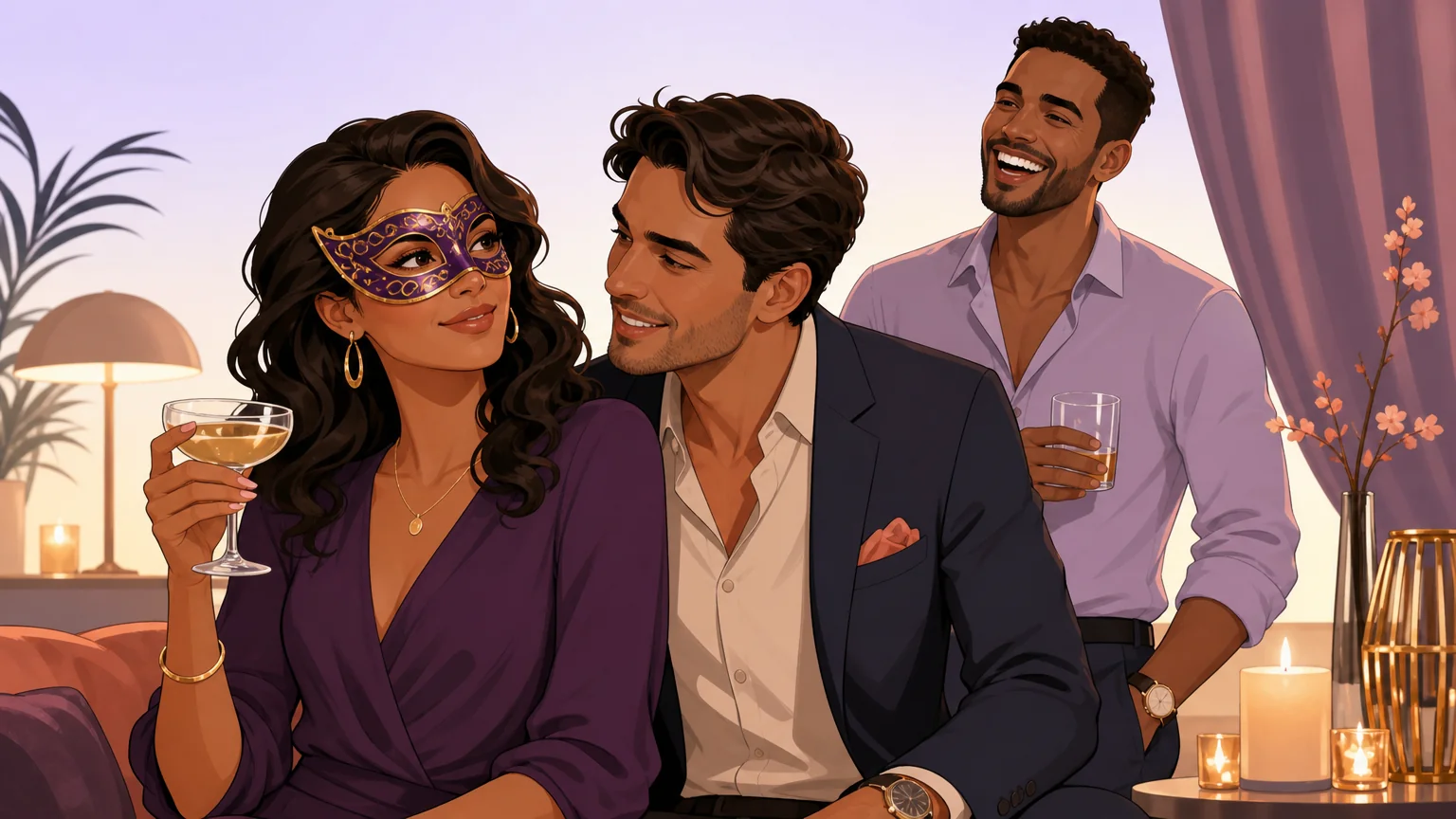 Group play lifestyle scene showing three adult characters at a stylish party, one wearing a decorative masquerade mask, warm and confident social energy