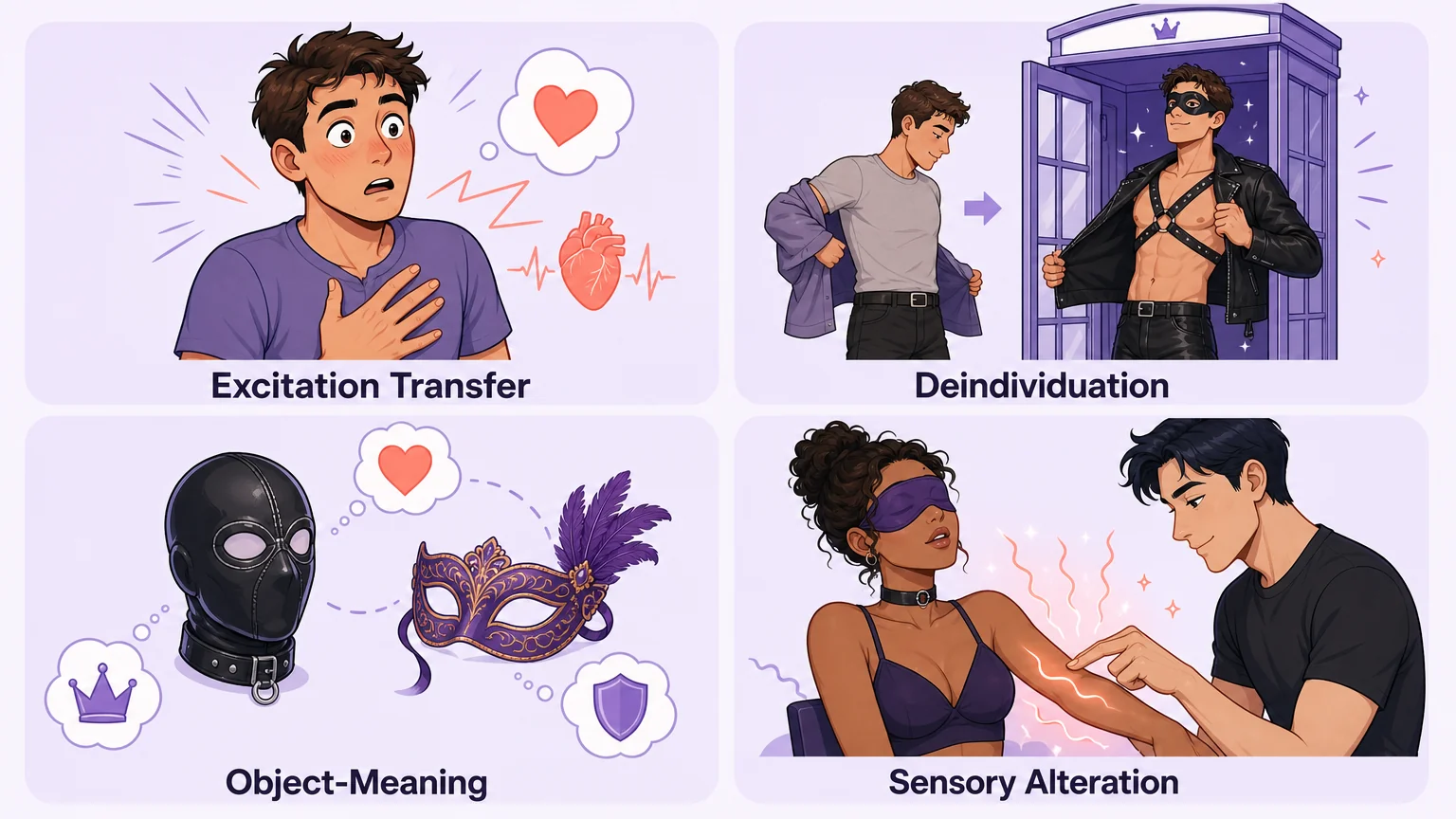Four psychological mechanisms of mask kink: excitation transfer, deindividuation, object-meaning, and sensory alteration in a 2x2 grid layout