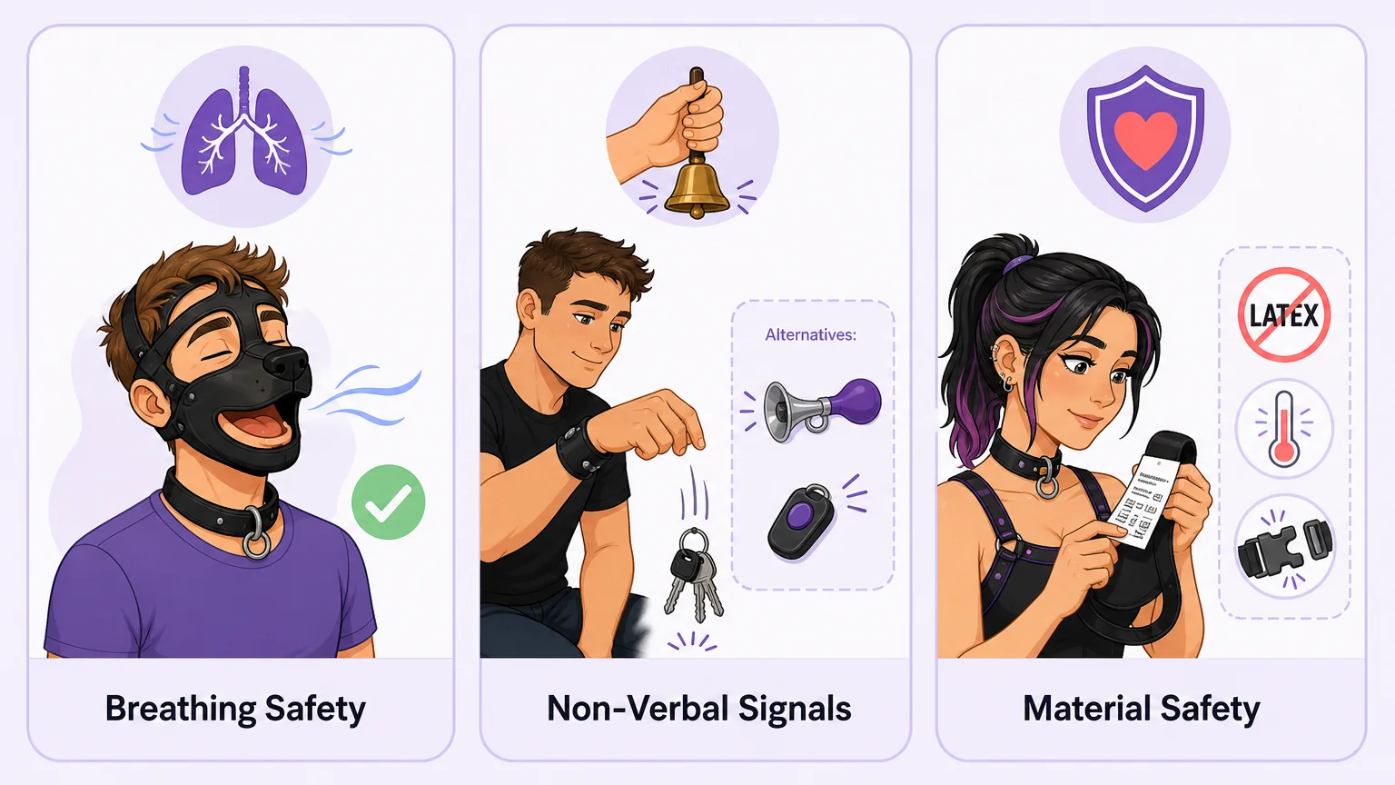 Three safety pillars for mask play: breathing safety, non-verbal signals, and material safety in a 3-column layout
