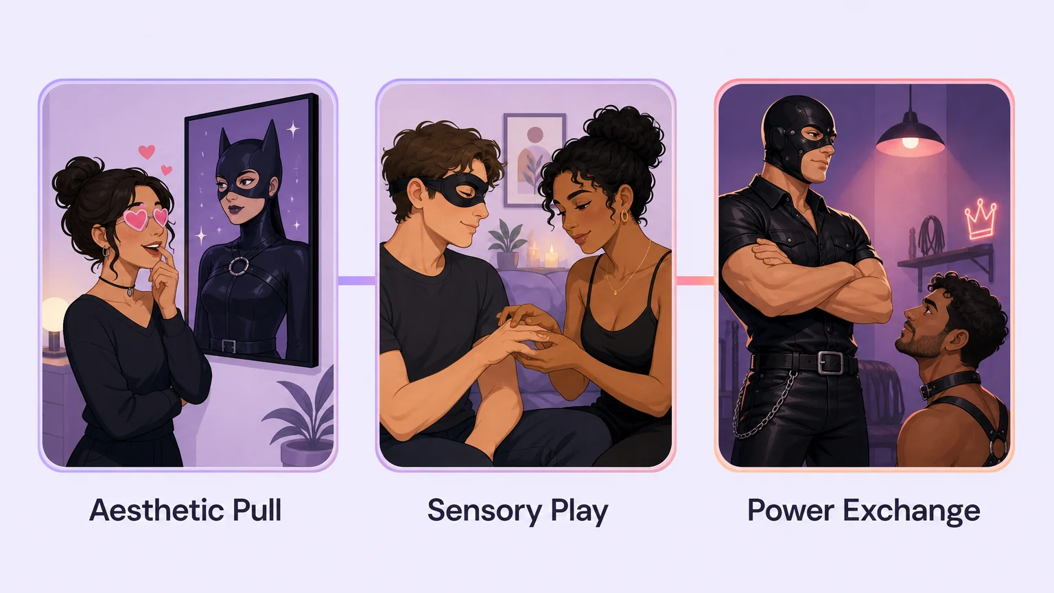 Mask kink spectrum showing three stages: aesthetic pull, sensory play, and power exchange in a horizontal panel layout with cartoon characters