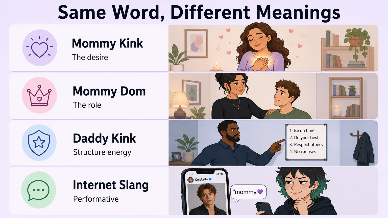 Four-panel comparison mapping Mommy Kink, Mommy Dom, Daddy Kink, and Internet Slang as distinct concepts